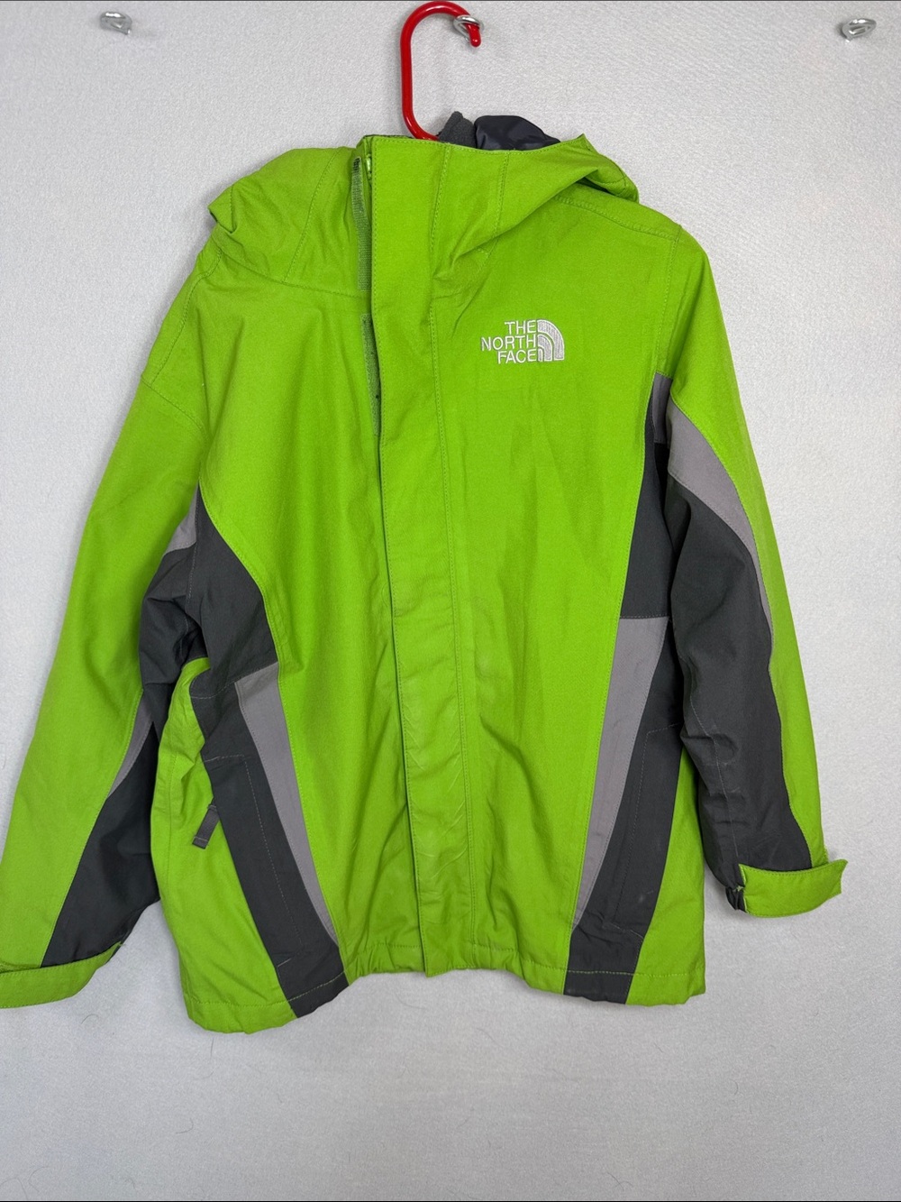 The North Face Bright Green and Gray Kids Puffer Jacket with Hood
